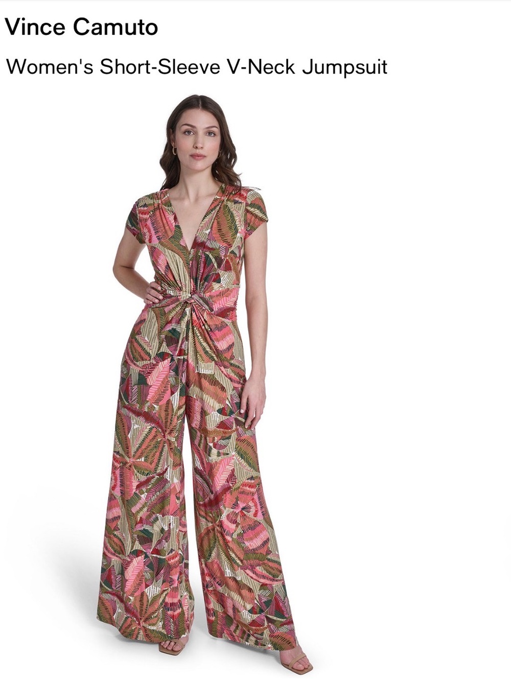 Vince Camuto Pink Multi Leaf-Print Short-Sleeve V-Neck Jumpsuit